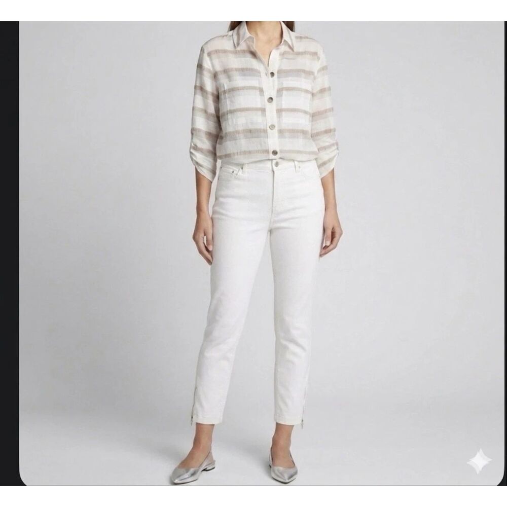 Frank Lyman Shirt Womens Sz 8 Tab Sleeve Tie Front Sheer Layered Coastal Minimal